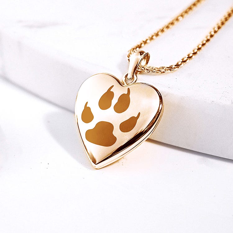 Solid 14K Yellow Gold Cat'S Paw Print Heart Photo Locket