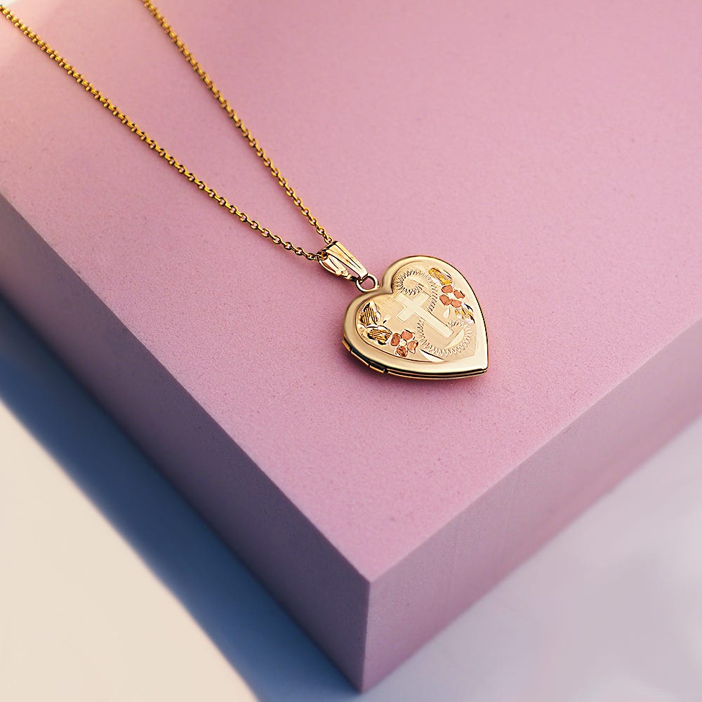 Solid 14K Yellow Gold Floral Heart Photo Locket