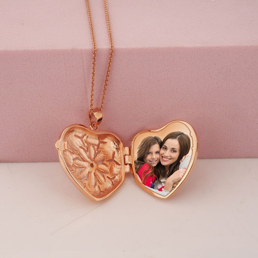 Rose Gold Heart Photo Locket With Cubic Zirconias With Chain Included