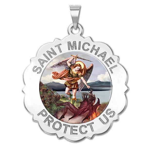 Saint Michael Scalloped Round Religious Medal "Color"