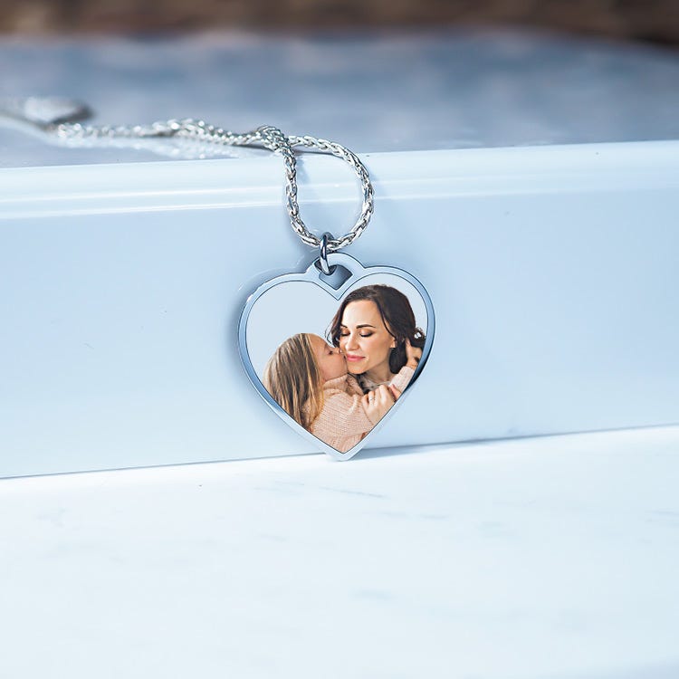 Stainless Steel Photo Engraved Heart Pendant with Chain