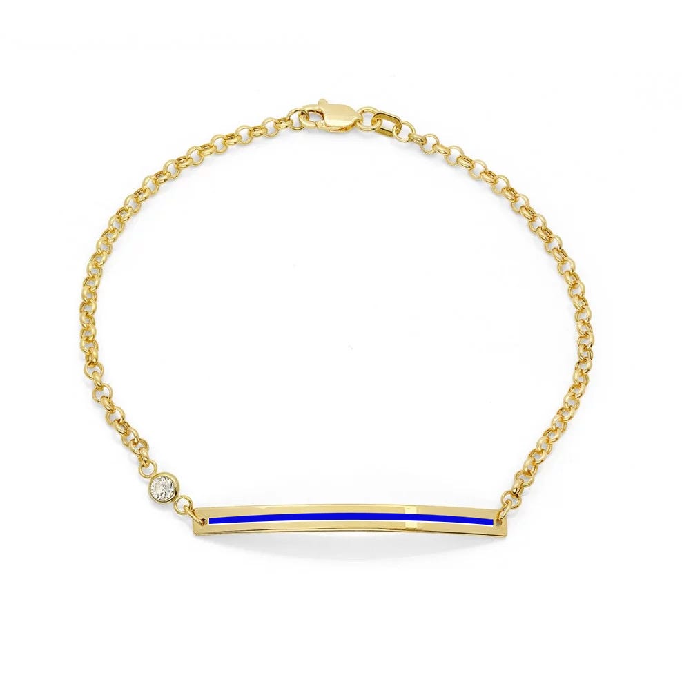 Thin Blue Line Curb Link ID Bracelet with Cubic Zirconia