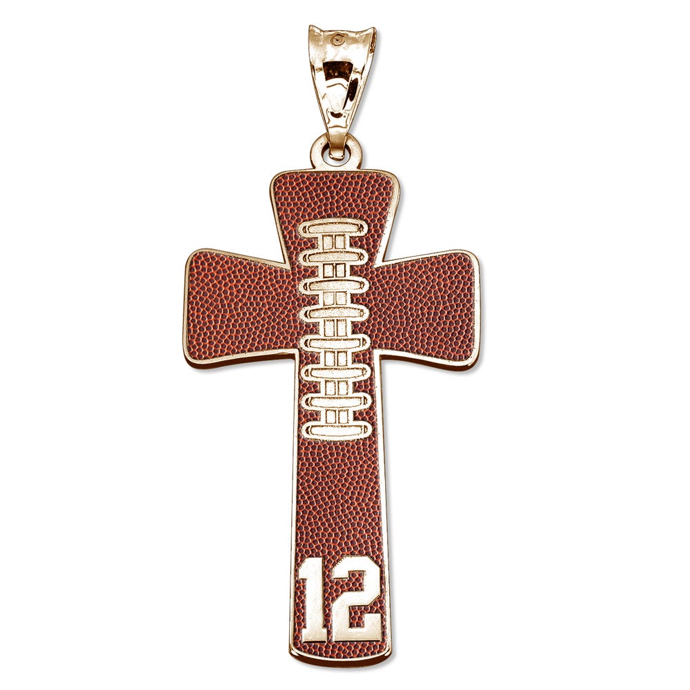 Football Stitch Enameled Cross Pendant w/ Number