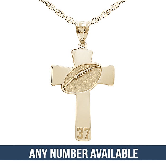 Football Stitch Engraved Cross Pendant with Number