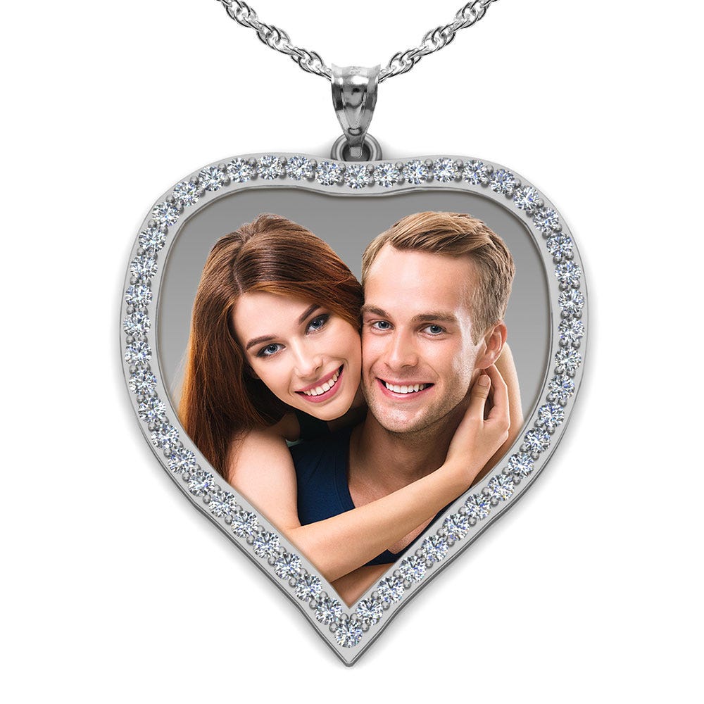 14K Yellow Large Diamond Heart Photo Pendant Picture Charm