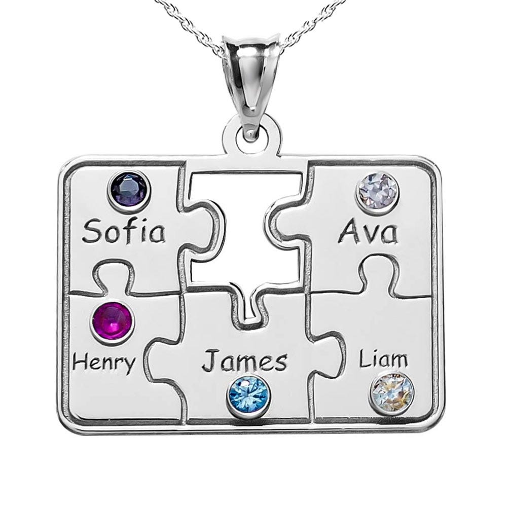 Personalized Family Five Piece Jigsaw Puzzle Pendant with Names & Birthstones- Includes 18 Inch Chain
