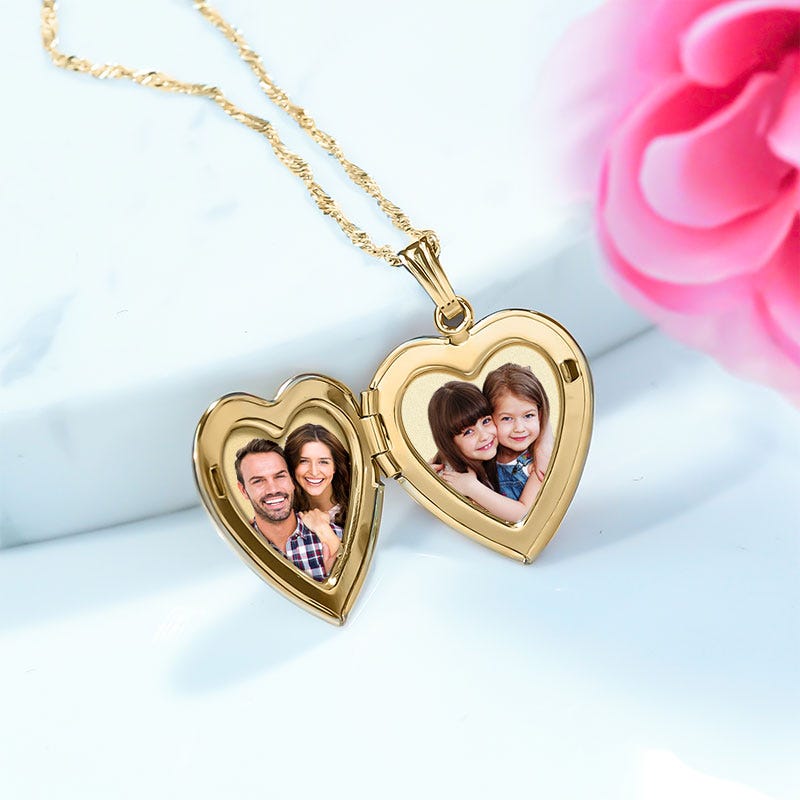 Solid 14K Yellow Gold Heart Photo Locket With Diamond
