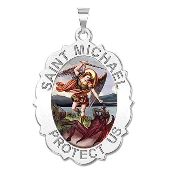 Saint Michael Scalloped Oval Religious Medal "Color"