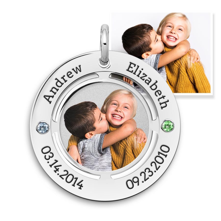 Photo Engraved Personalized Necklace with Birthstones & Text