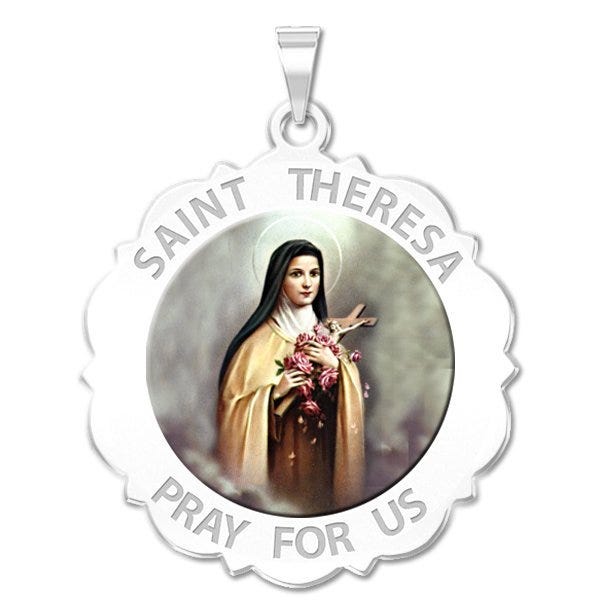 Saint Theresa Scalloped Round Religious Medal "Color"