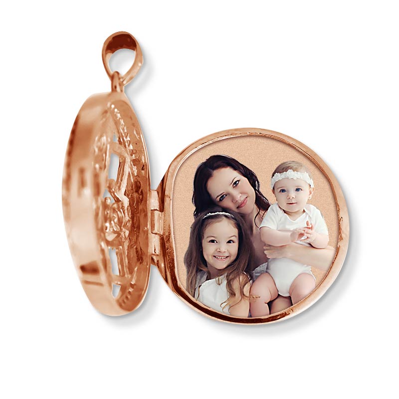 Rose Gold Round Photo Locket With Cubic Zirconias With Chain Included