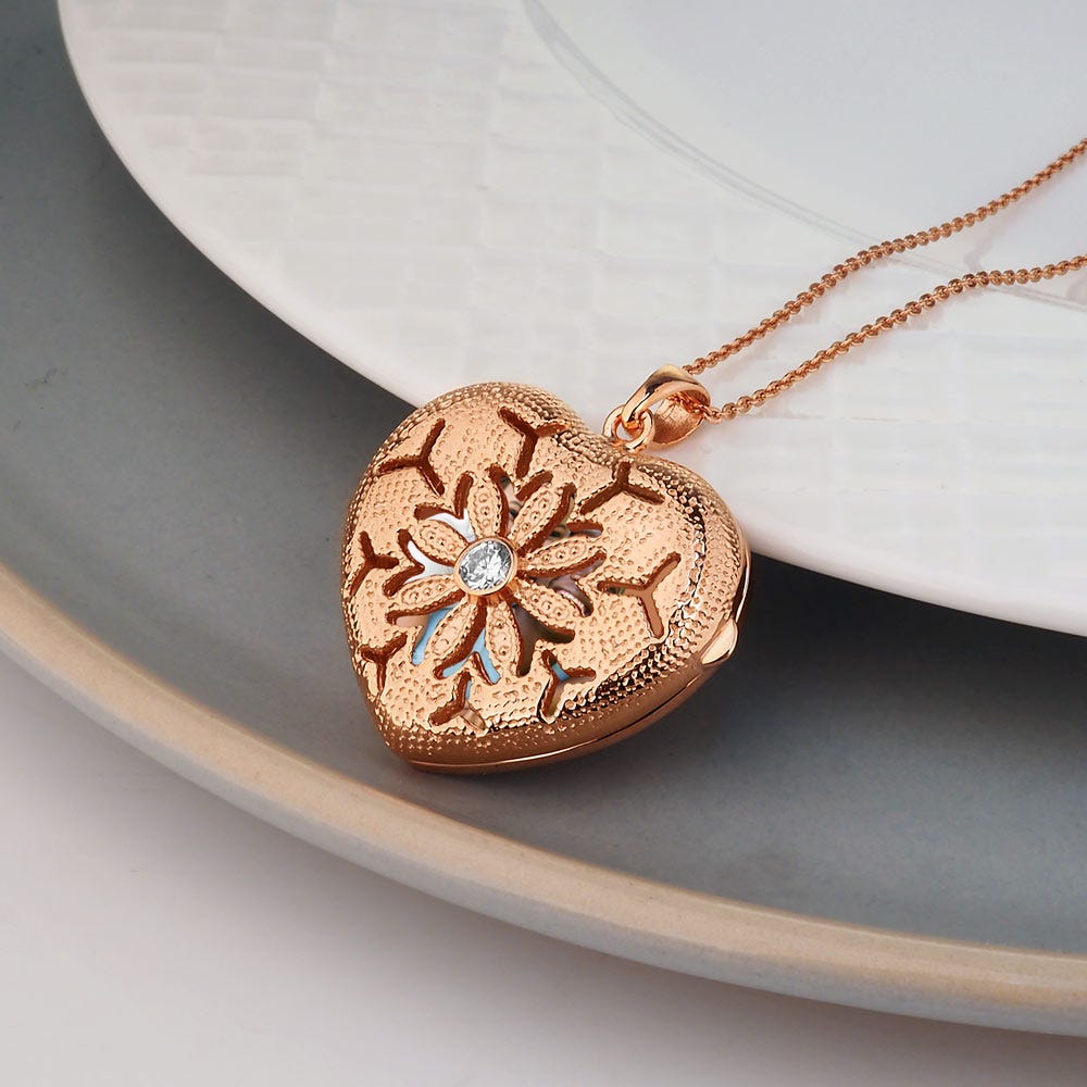 Rose Gold Heart Photo Locket With Cubic Zirconias With Chain Included