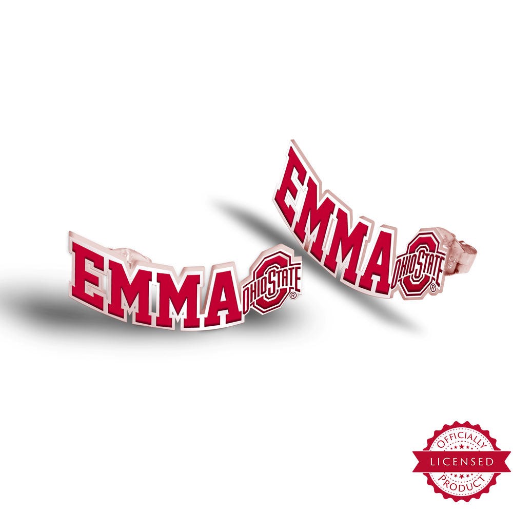 Personalized Pair of Color Enamel Ohio State Logo with Horizontal Name Earrings
