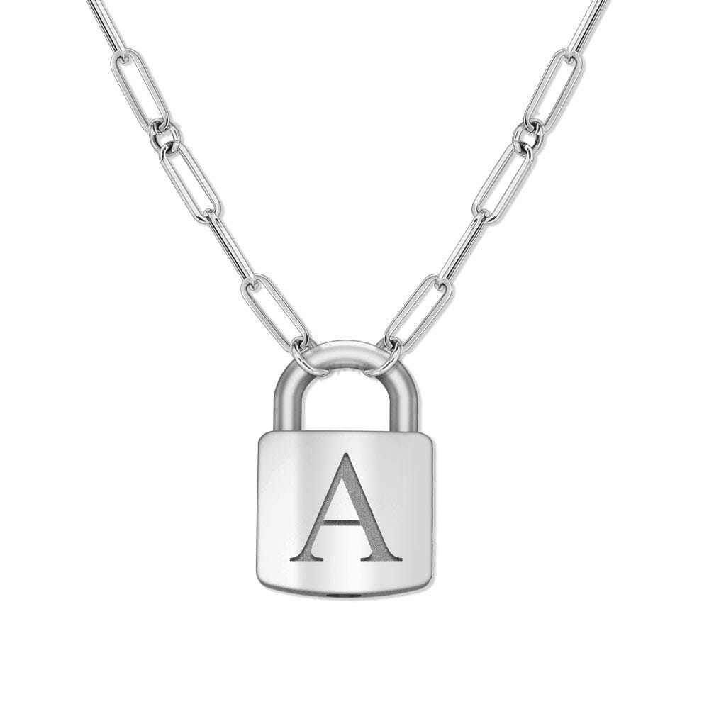 Personalized Initial Padlock Necklace with Paperclip Chain