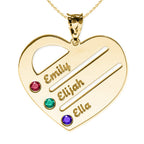 Personalized Heart Family Pendant with 3 Birthstones & Names Includes 18 Inch Chain