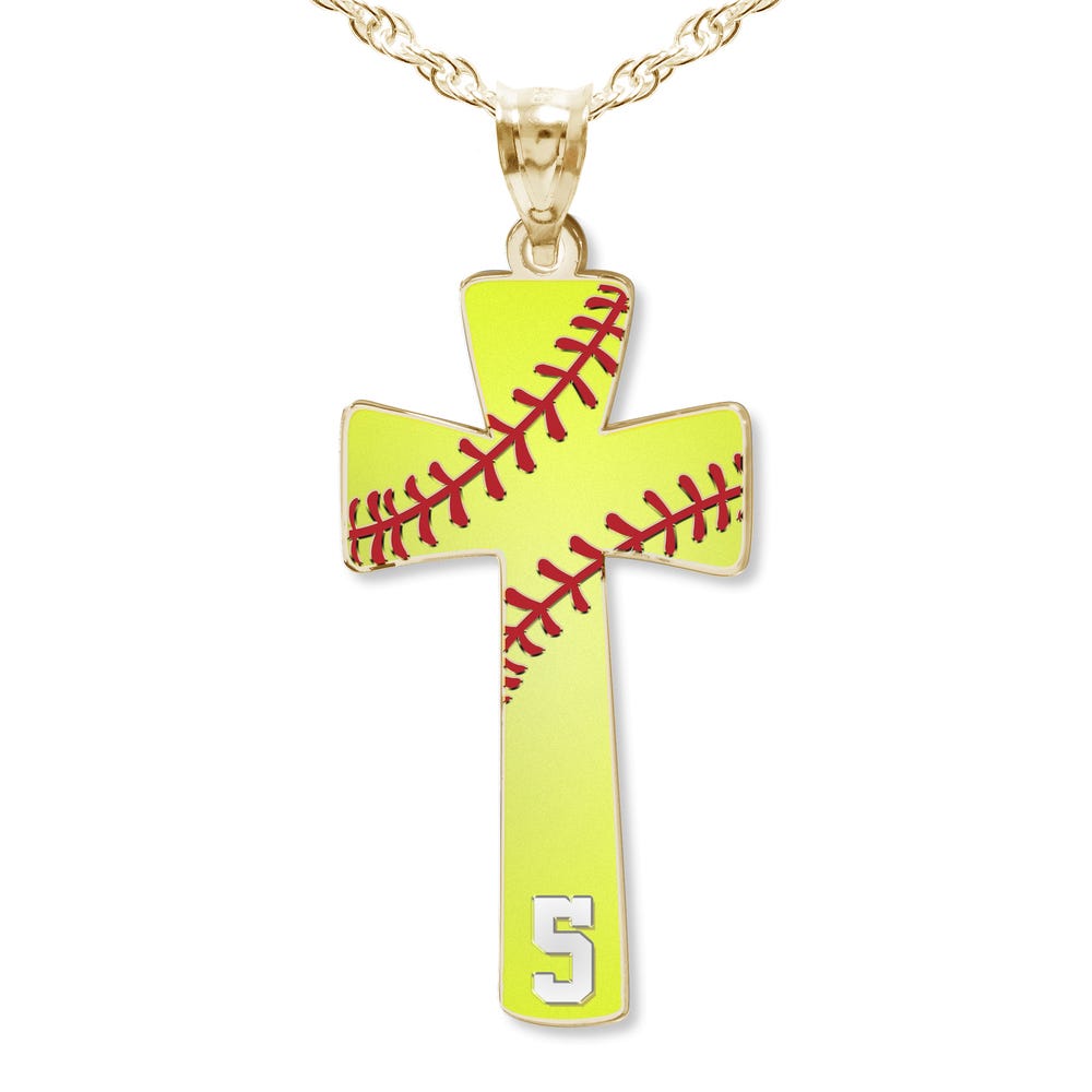 Softball Stitch Enameled Cross Pendant with Number