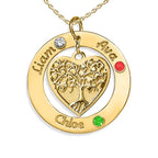 Personalized Round Family Tree Pendant with Three Birthstones & Names- Includes 18 Inch Chain