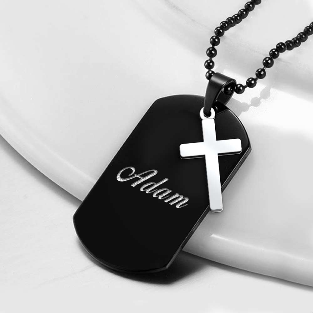 Black Stainless Steel Dog Tag with Religious Charm