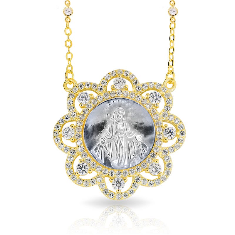 Mother Of Pearl Miraculous Round Medal With Cz Ornate Border