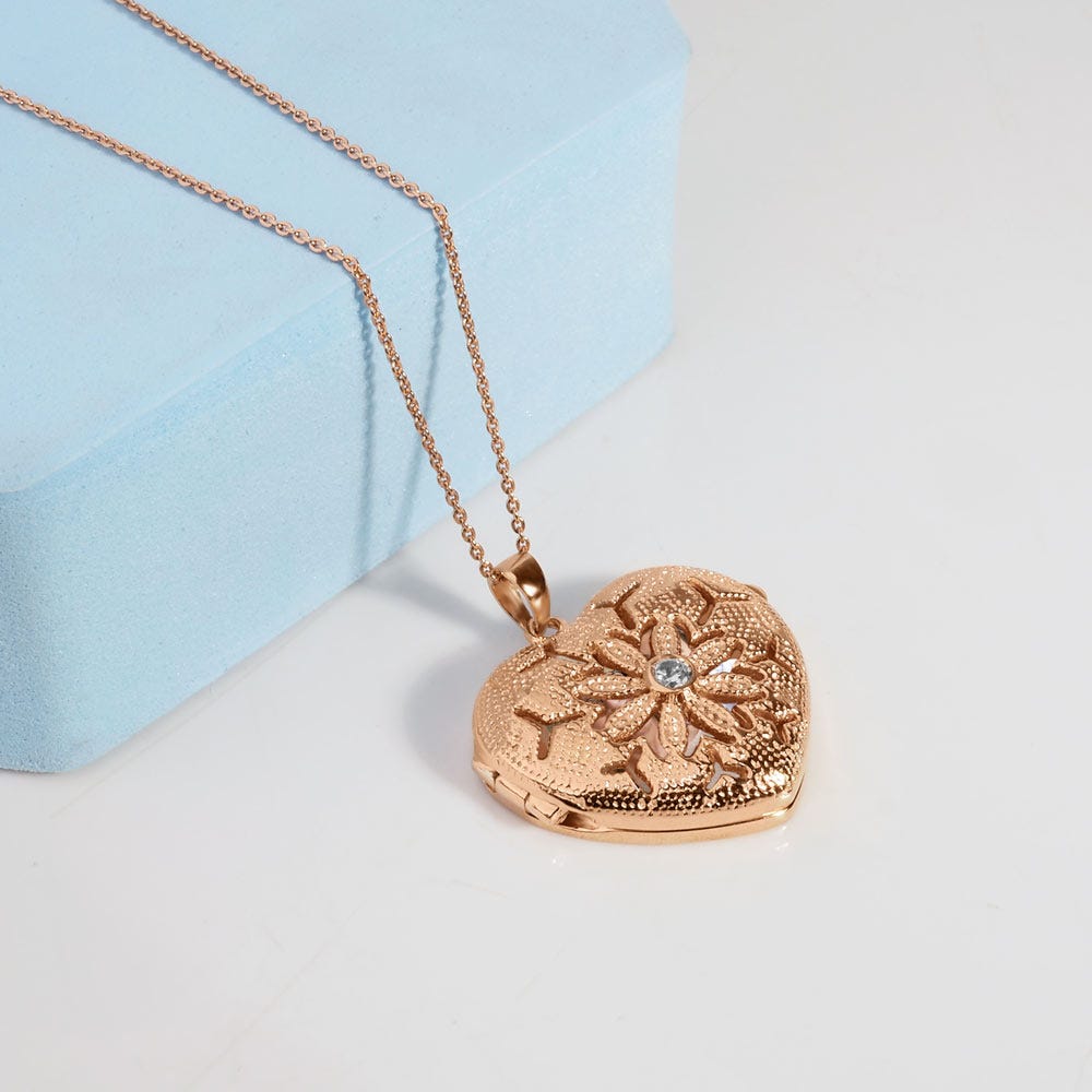 Rose Gold Heart Photo Locket With Cubic Zirconias With Chain Included
