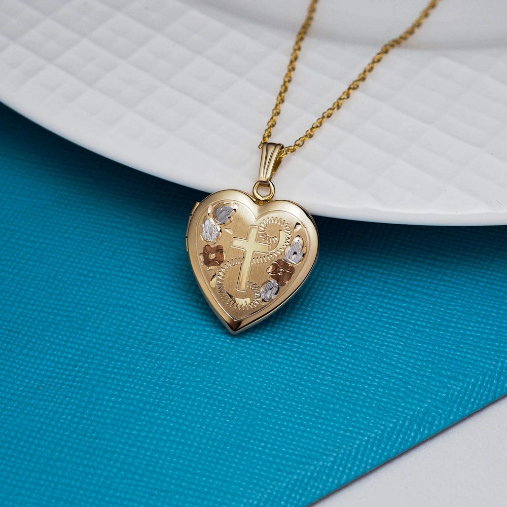 Solid 14K Yellow Gold Floral Heart Photo Locket