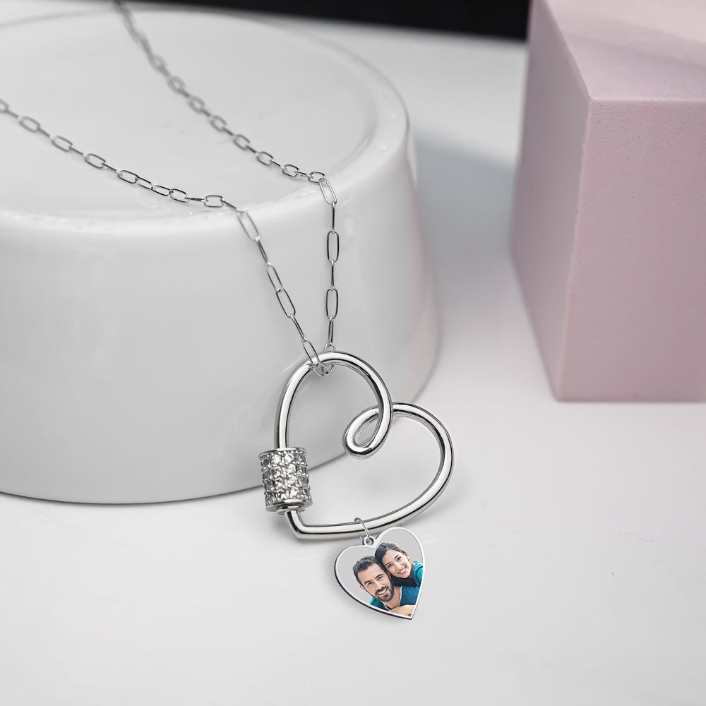 Carabiner Heart Pendant Necklace with CZ Barrel and Dangle Photo Charms / Chain Included