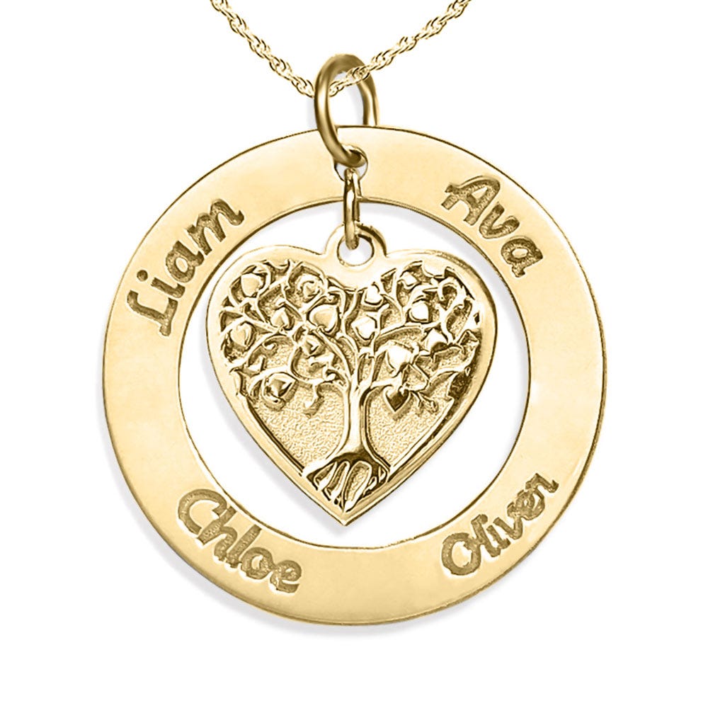 Personalized Round Family Tree Dangle Heart Pendant with Names