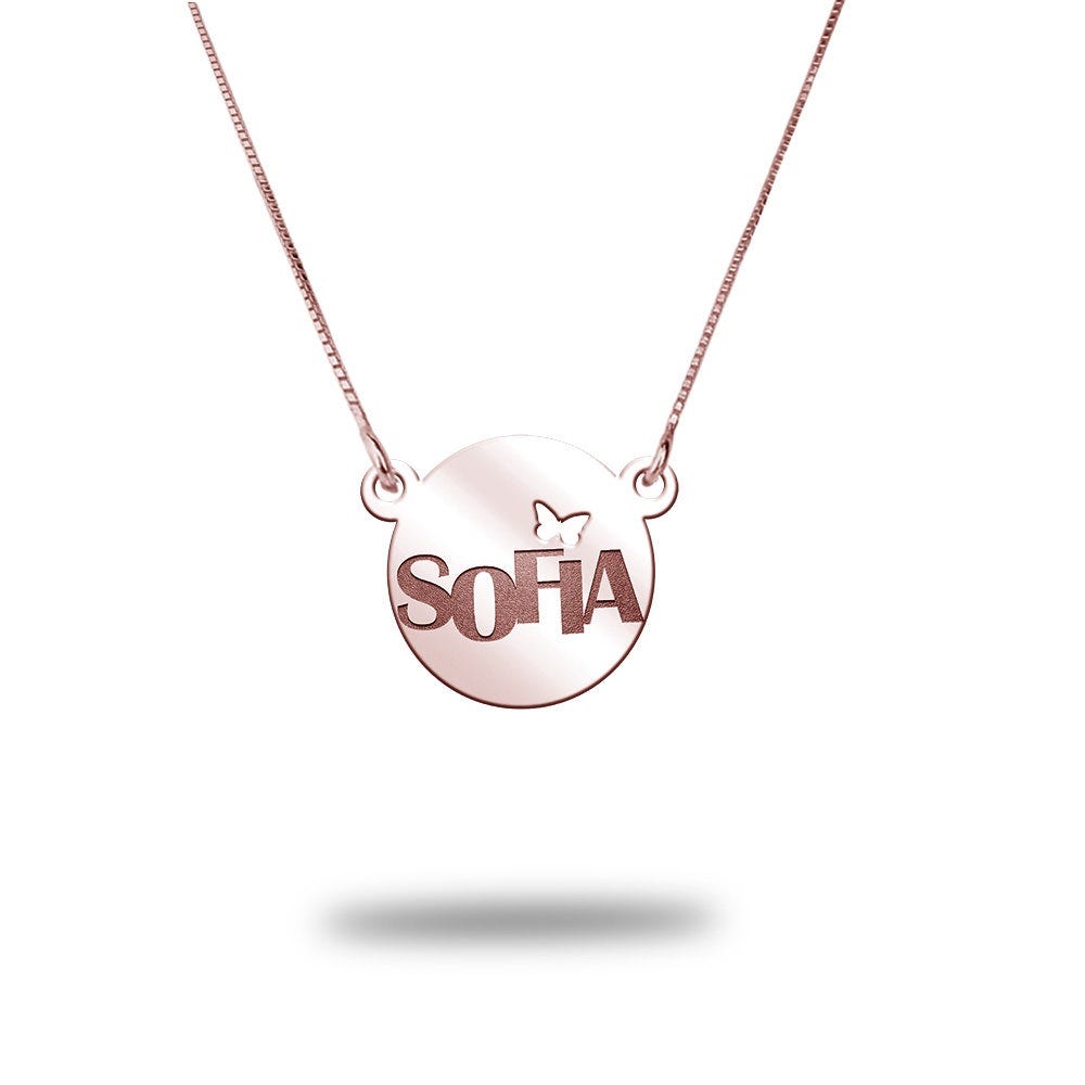 Modern Dainty Round Name Pendant with Butterfly Cut-Out