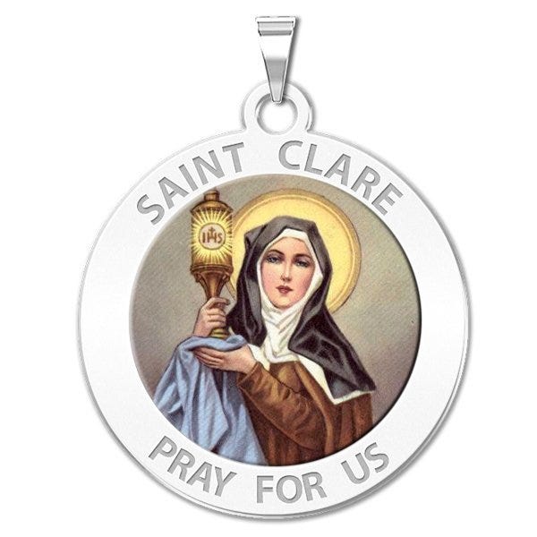 Saint Clare of Assisi Round Religious Medal - "Color