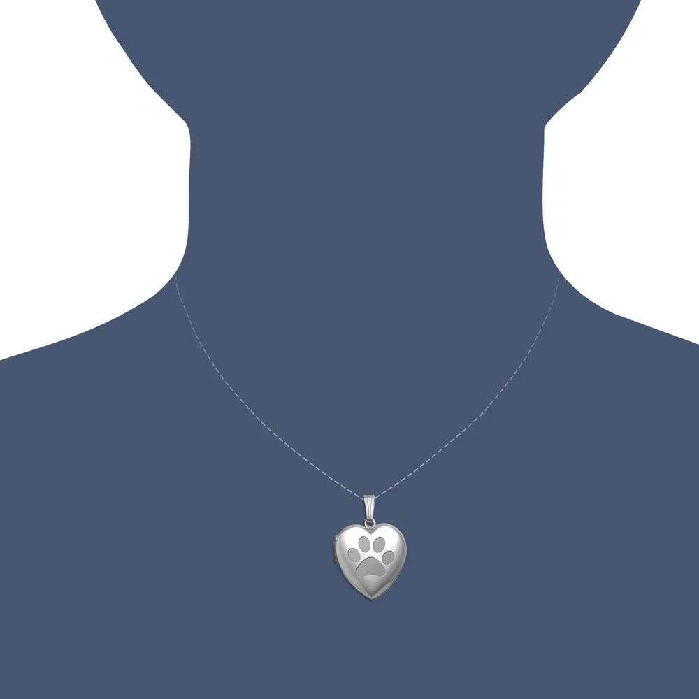 14K White Gold Dog Paw Print Heart Photo Locket