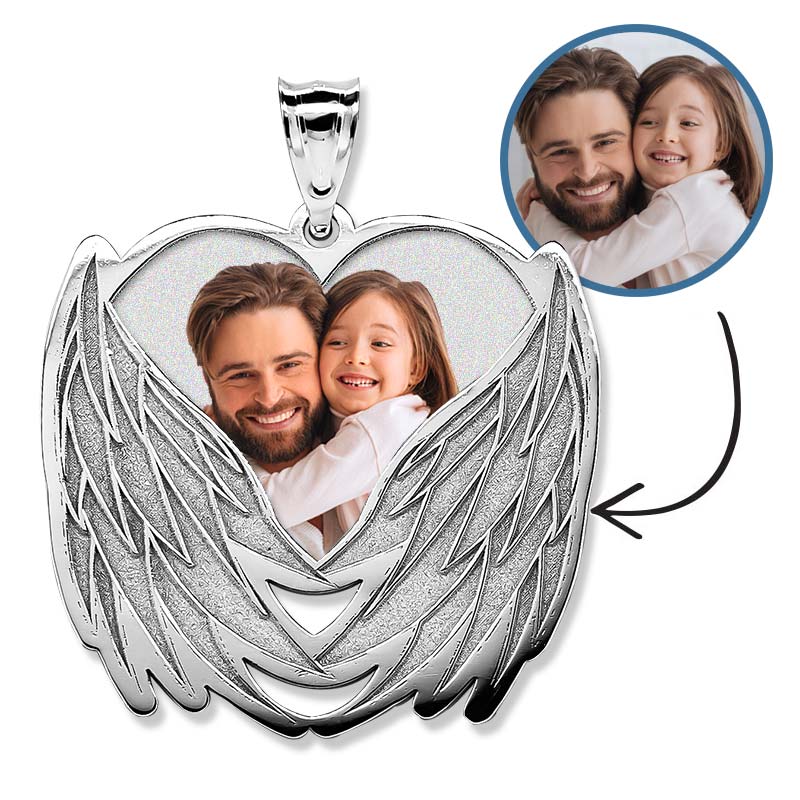 Custom Photo Engraved Angel Wing Charm Or Pendant — verified white metal product photograph