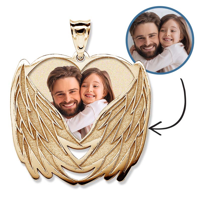 Custom Photo Engraved Angel Wing Charm Or Pendant — verified yellow metal product photograph