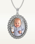 Oval Photo Pendant with Rope Frame — verified white metal product photograph