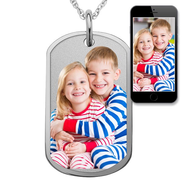 Photo Engraved Dog Tag With Border — verified white metal product photograph