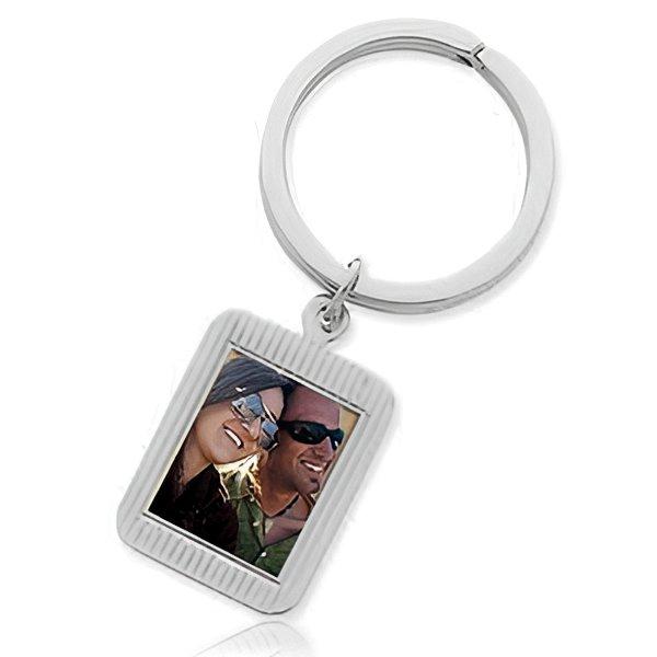 Photo Engraved Rectangle Keychain — verified white metal product photograph