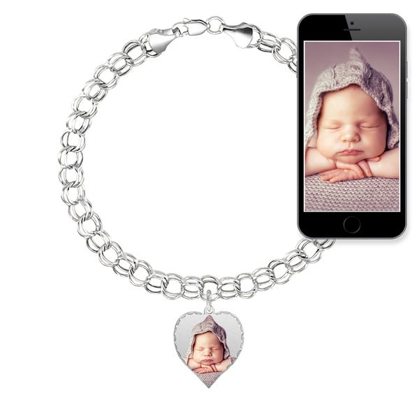 Photo Charm Bracelet with Petite Heart Charm — verified white metal product photograph