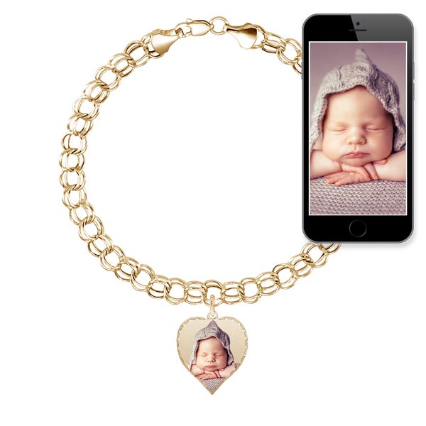 Photo Charm Bracelet with Petite Heart Charm — verified yellow metal product photograph