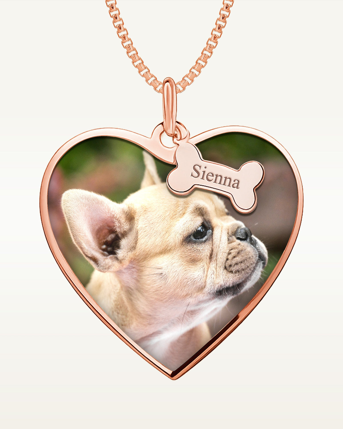 Heart Photo Necklace with Personalized Dog Bone Tags — verified rose metal product photograph
